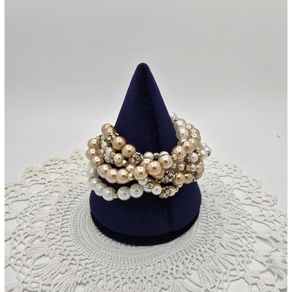 Estate Jewelry - Vintage Imitation Pearl Bracelet Torque Pave Rhinestone 6 Strands 6"